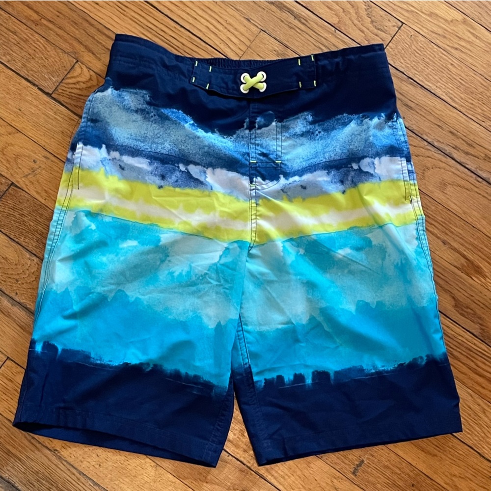 wonder nation Blue, Teal & Yellow Watercolor Swim Trunks